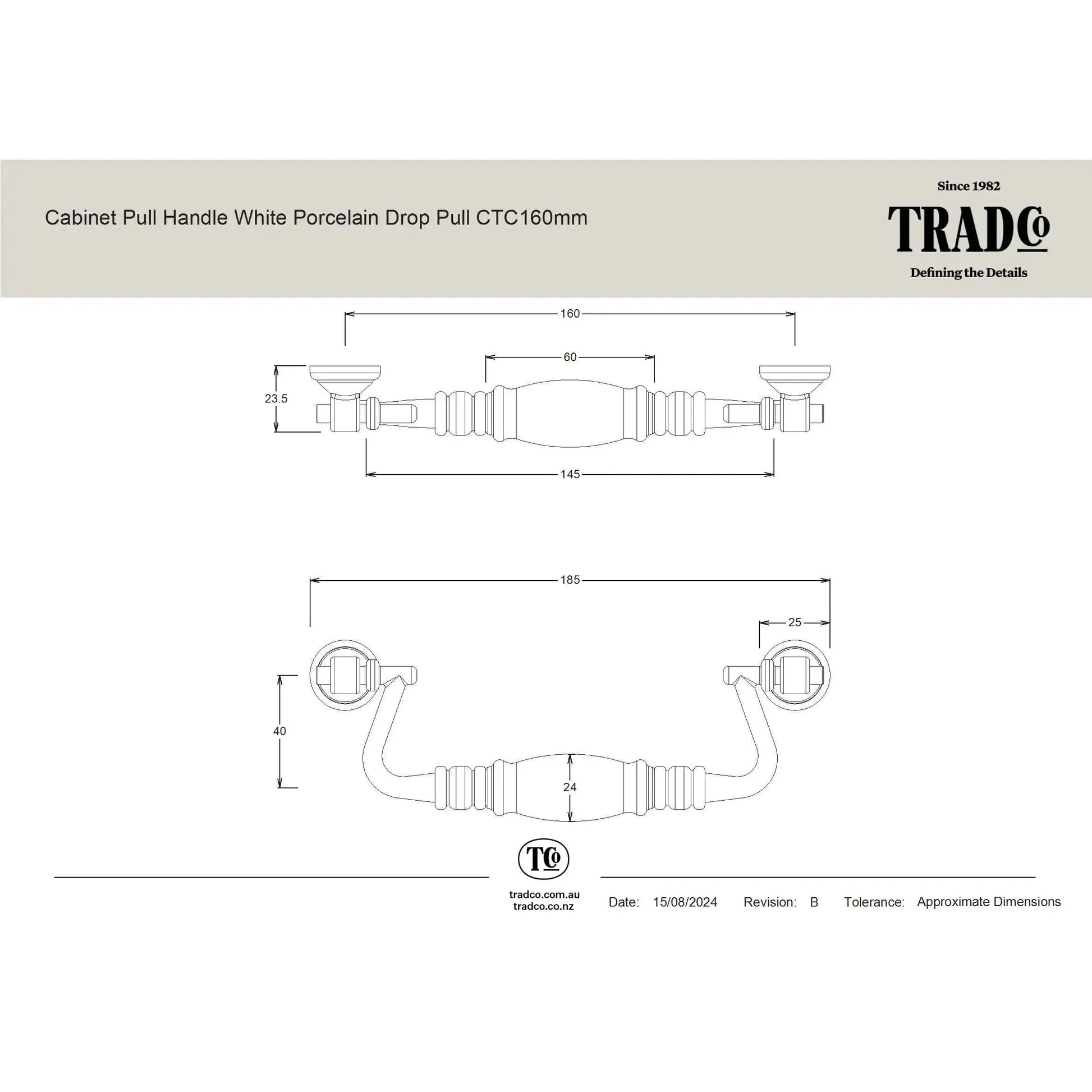 Tradco Cabinet Pull Handle White Porcelain Drop Pull Antique Brass CTC160mm