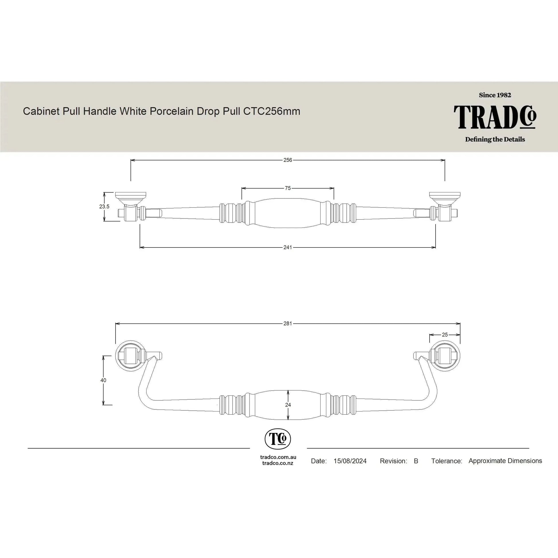 Tradco Cabinet Pull Handle White Porcelain Drop Pull Chrome Plated CTC256mm