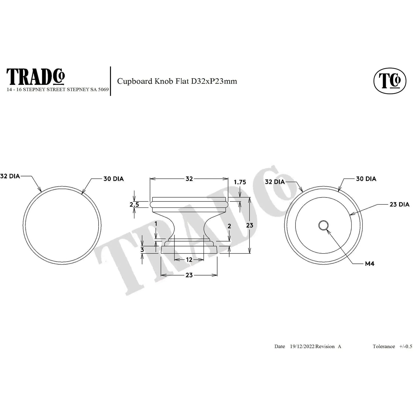 Tradco Cupboard Knob Flat Satin Brass D32xP23mm