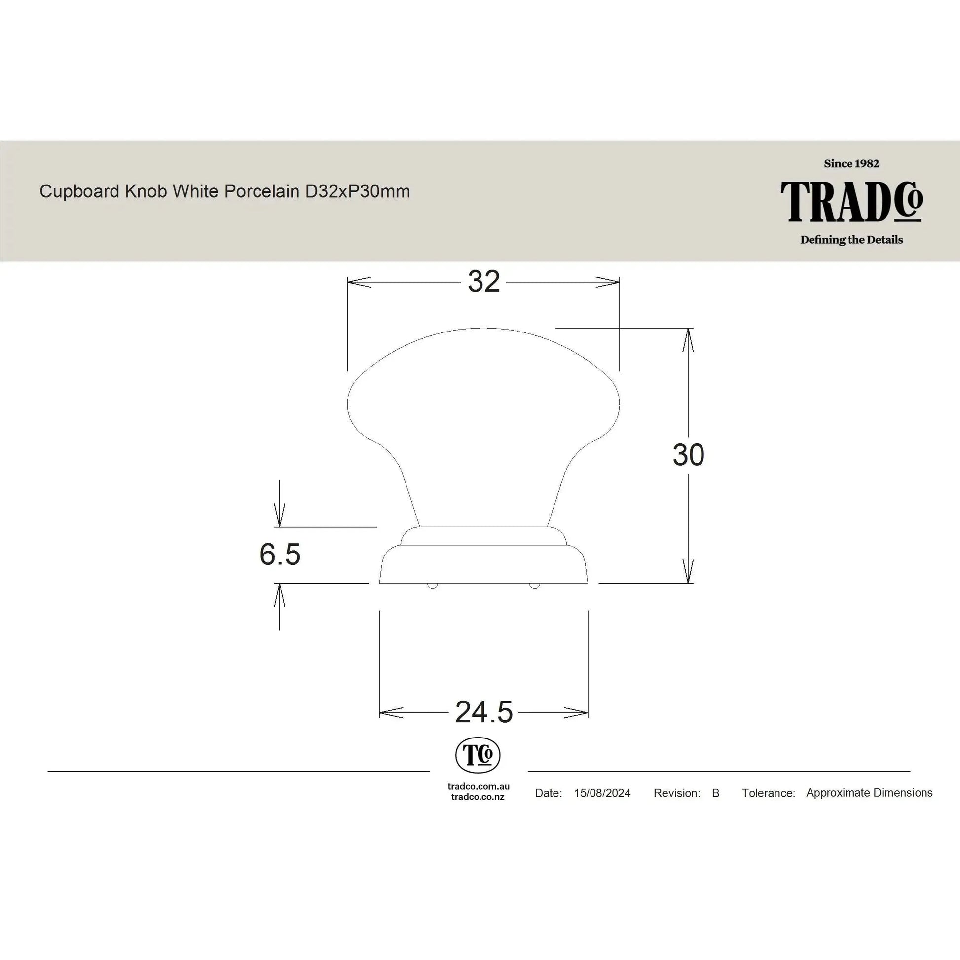 Tradco Cupboard Knob White Porcelain Chrome Plated D32xP30mm