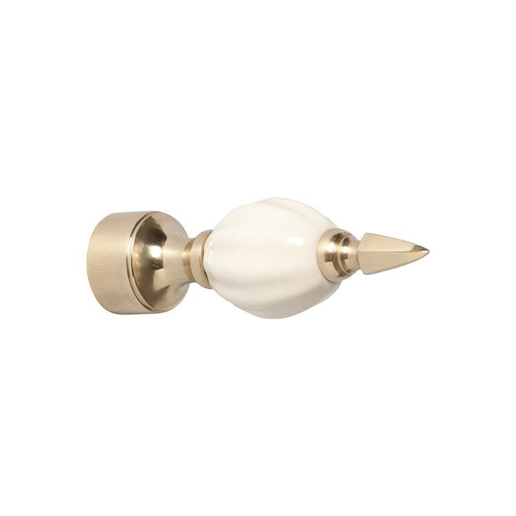 Tradco Curtain Finial White Porcelain Fluted Polished Brass Id19mm