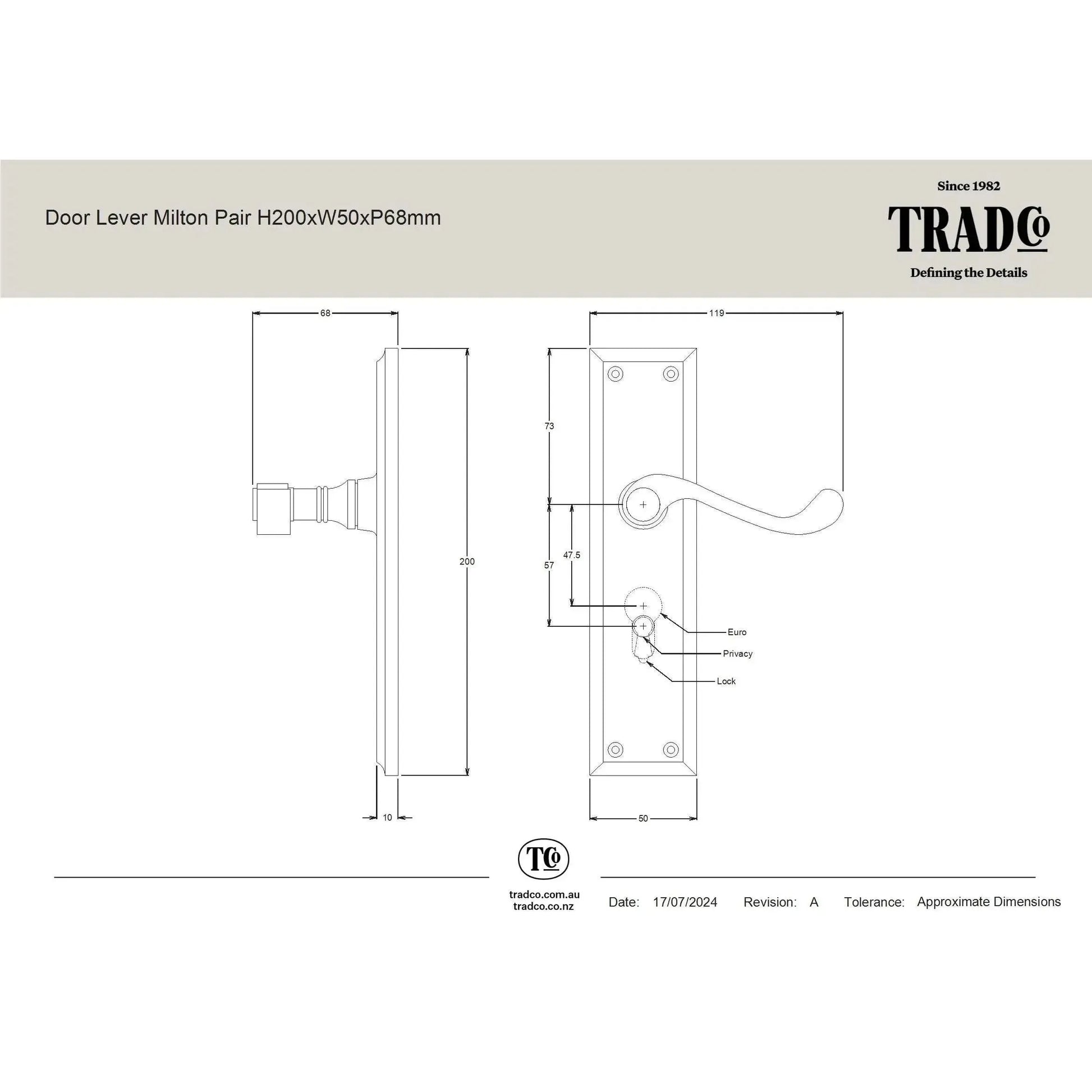 Tradco Door Handle Milton Euro Pair Antique Copper