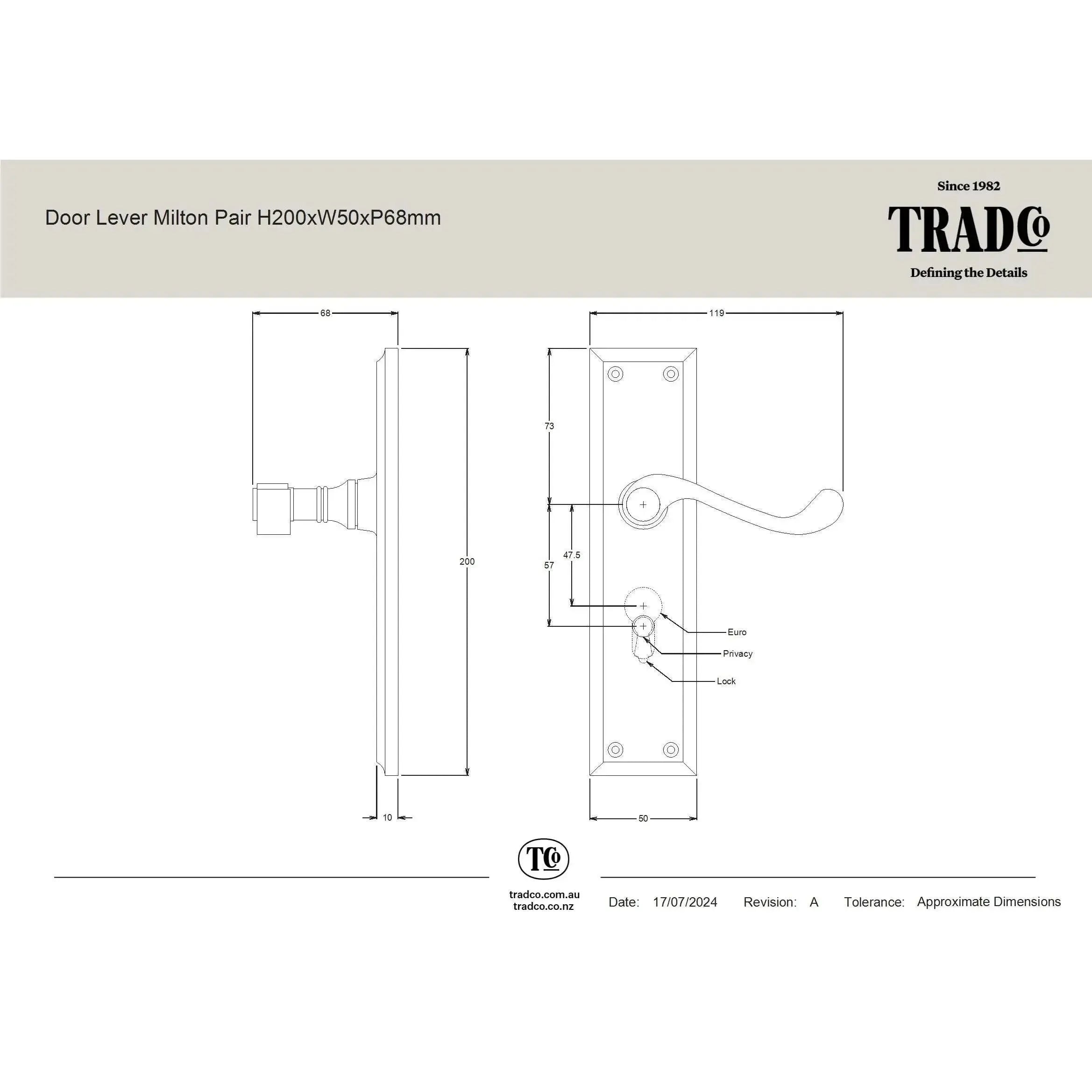 Tradco Door Handle Milton Latch Pair Satin Chrome