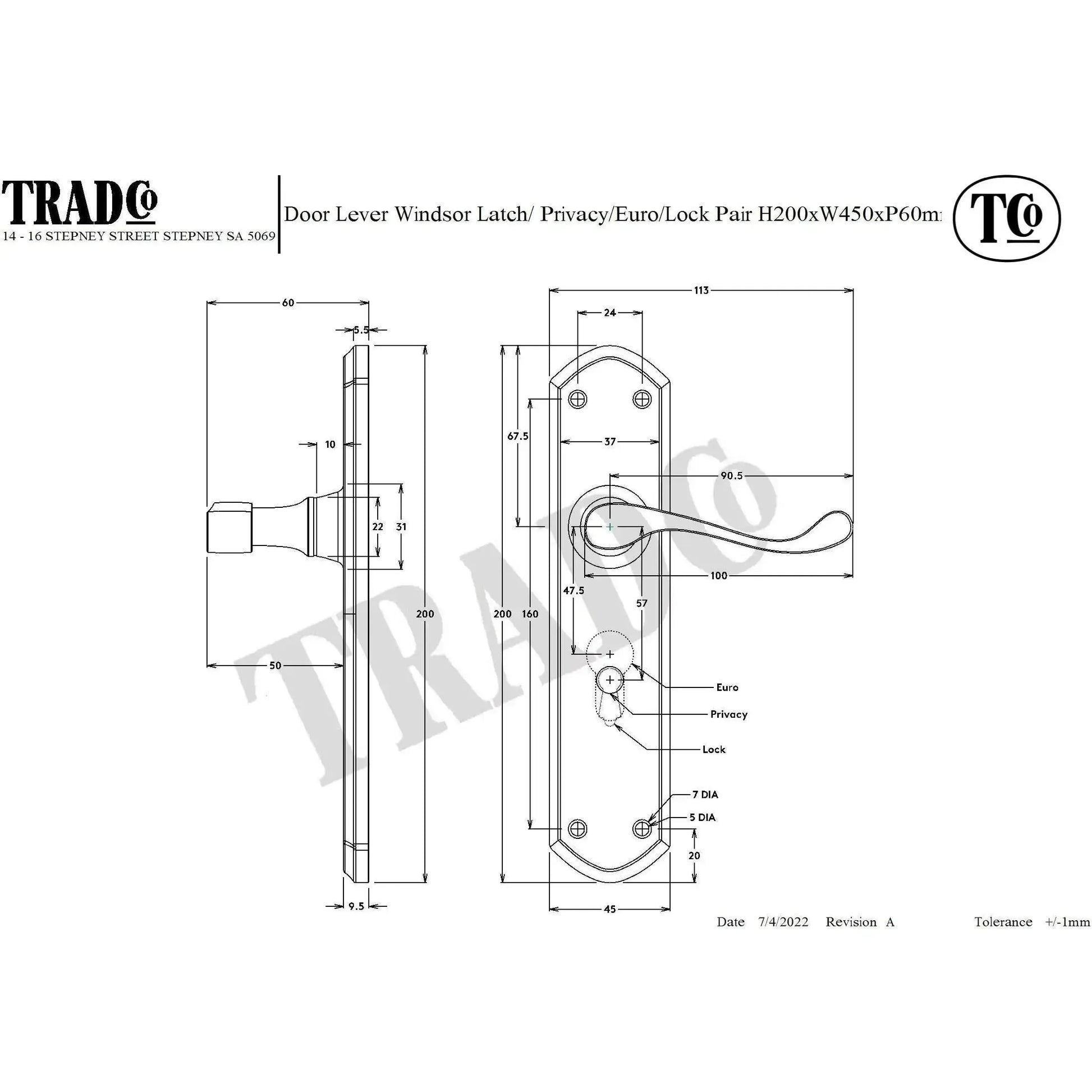 Tradco Door Handle Windsor Latch Pair Chrome Plated