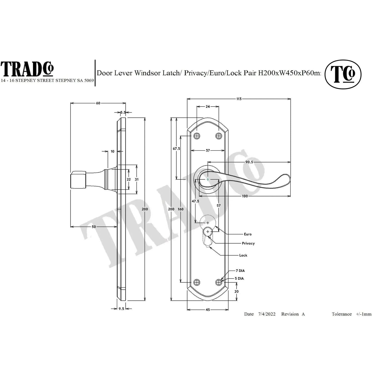 Tradco Door Handle Windsor Lock Pair Satin Chrome