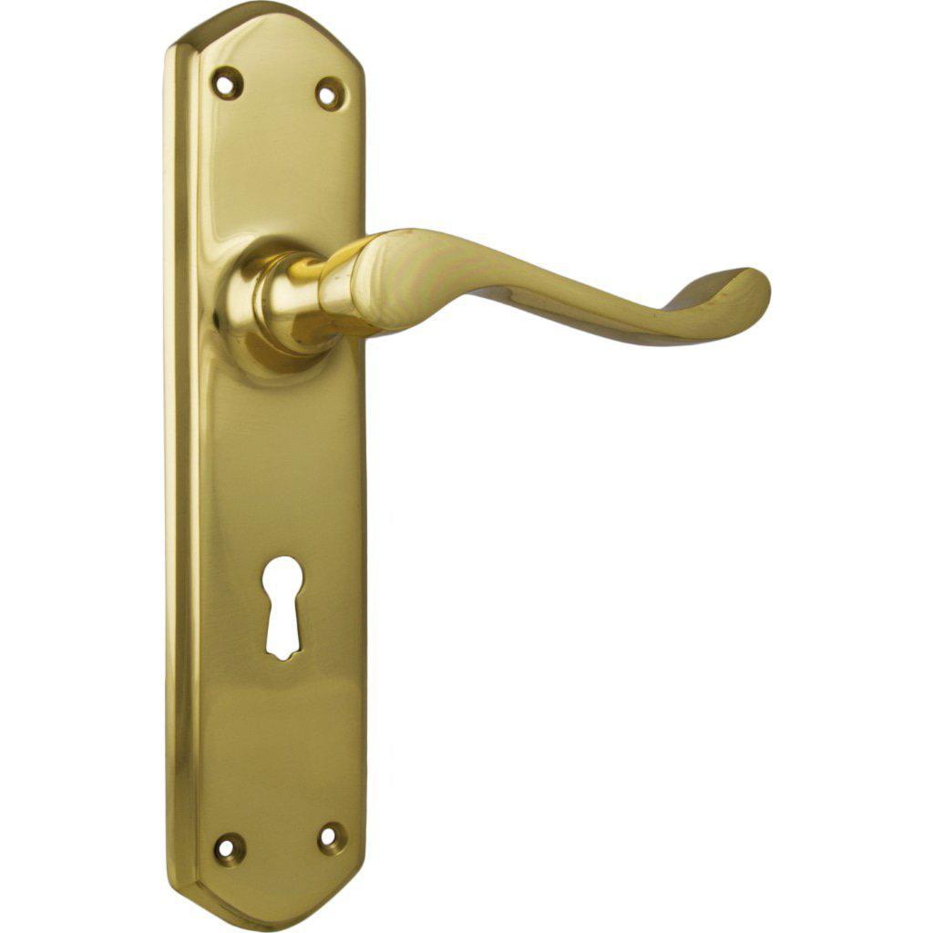 Tradco Door Handle Windsor Lock Pair Unlacquered Polished Brass