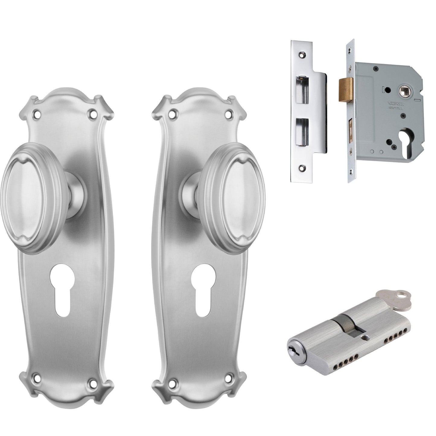 Tradco Door Knob Bungalow Satin Chrome Key/Key Entrance Set