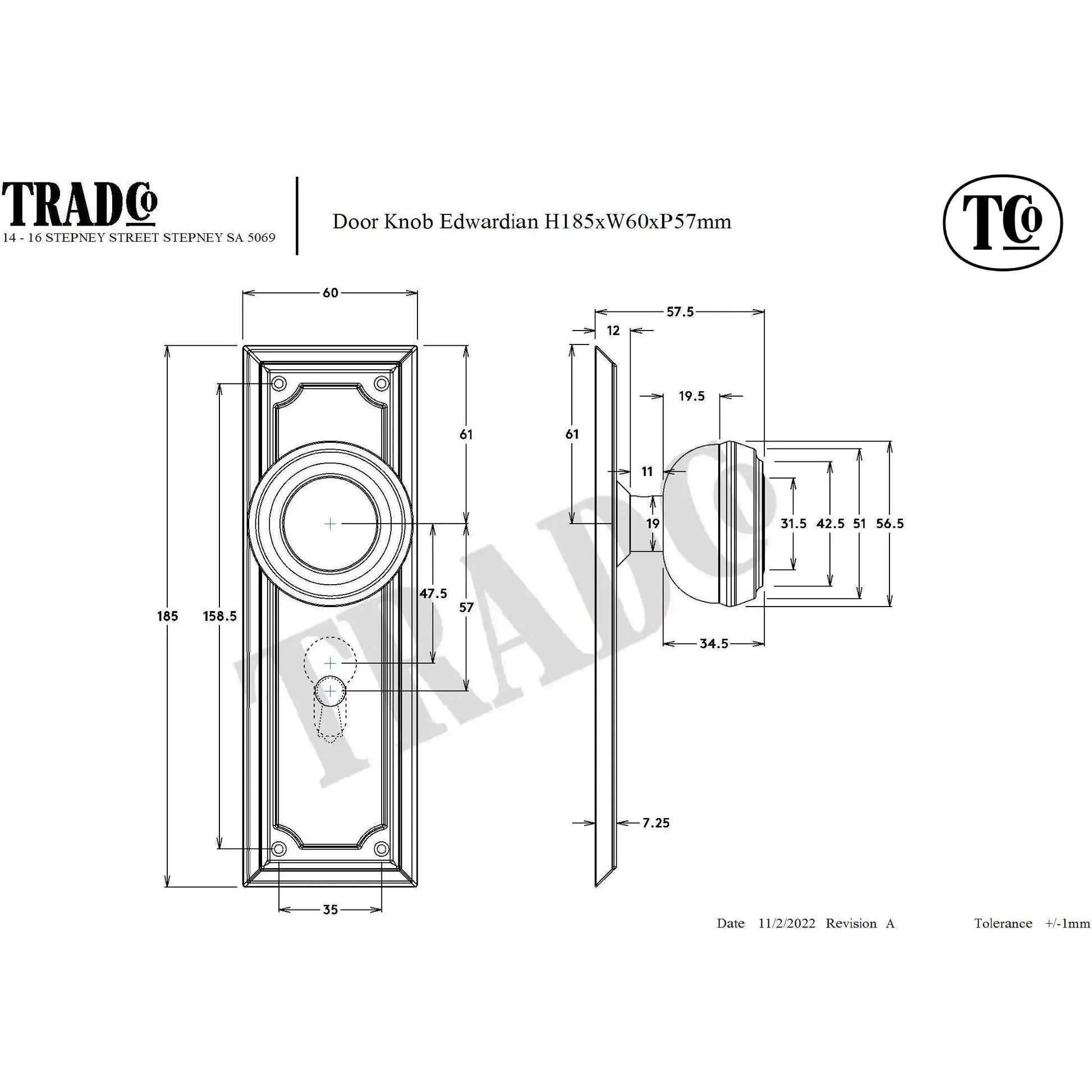 Tradco Door Knob Edwardian Lock Pair Matt Black
