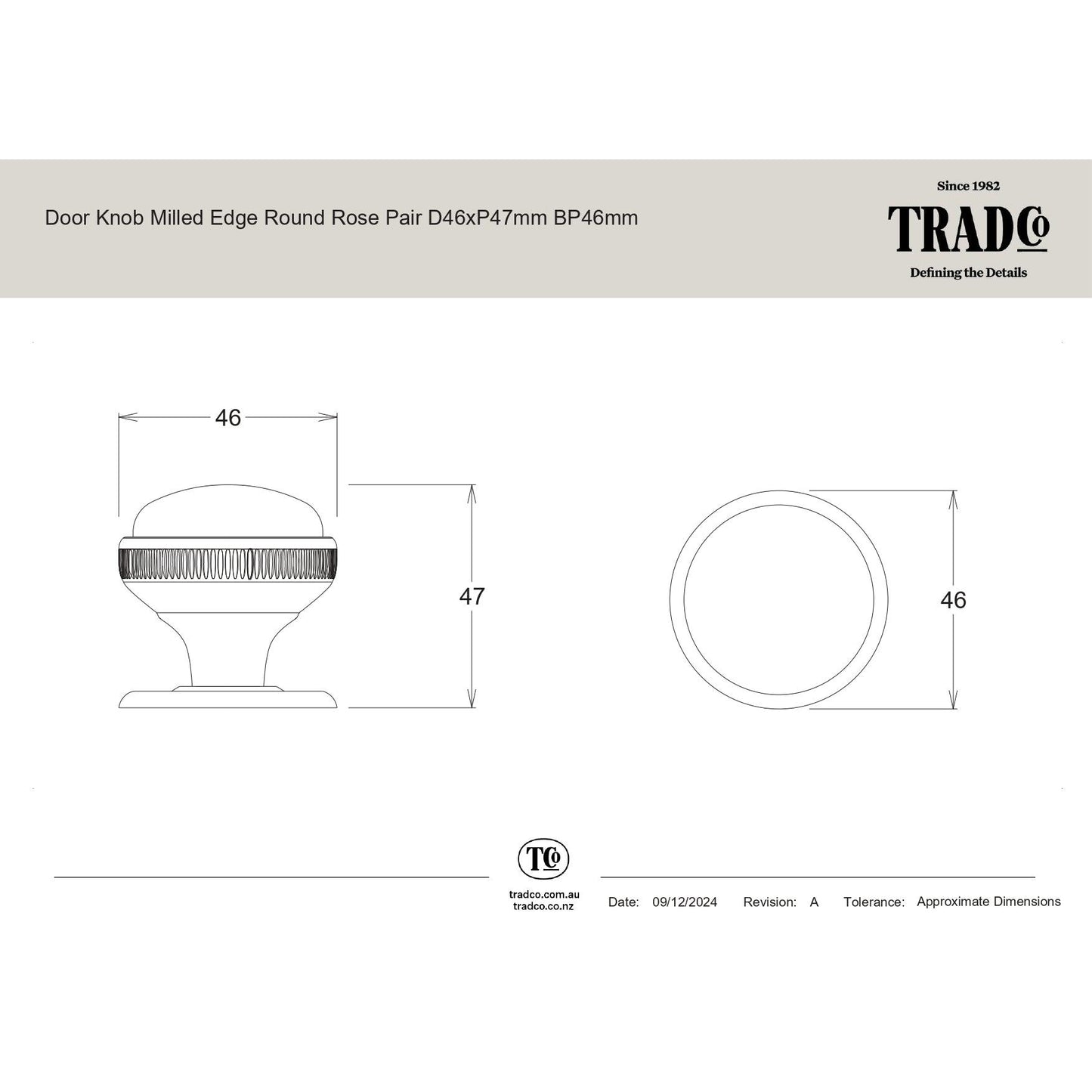 Tradco Door Knob Milled Edge Antique Copper 45mm & Rim Lock PB Set