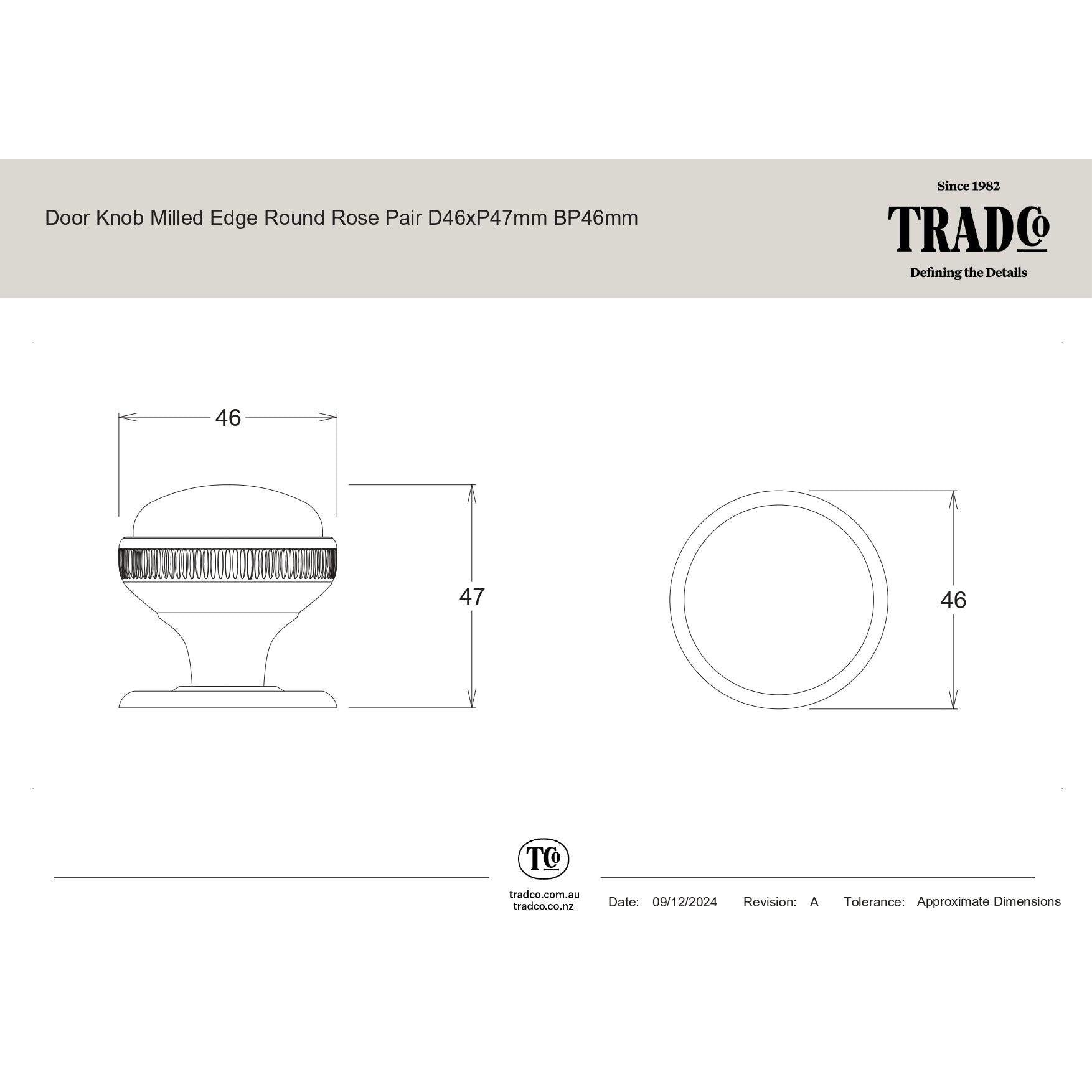 Tradco Door Knob Milled Edge Antique Copper 45mm & Rim Lock PB Set