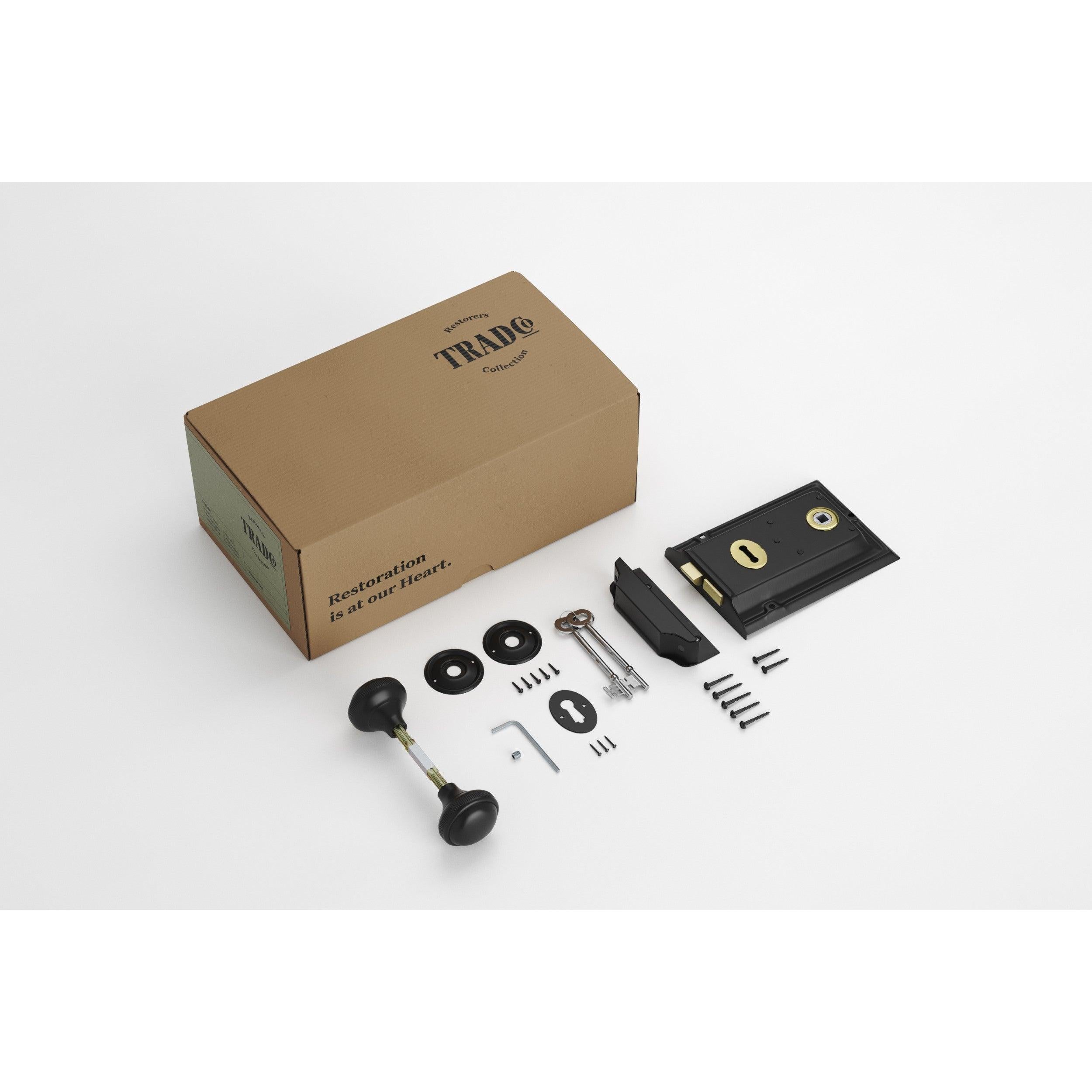 Tradco Door Knob Milled Edge Matt Black 45mm & Rim Lock MB/PB Set