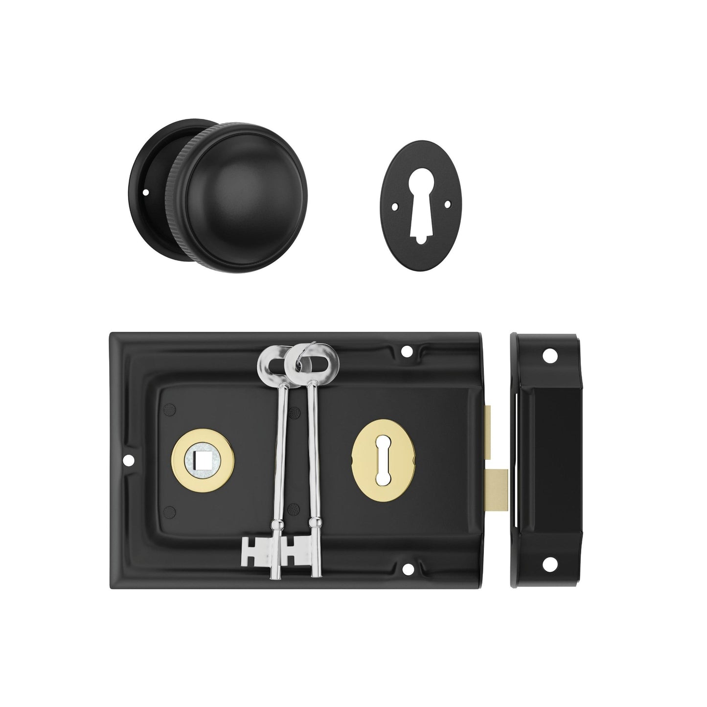 Tradco Door Knob Milled Edge Matt Black 45mm & Rim Lock MB/PB Set