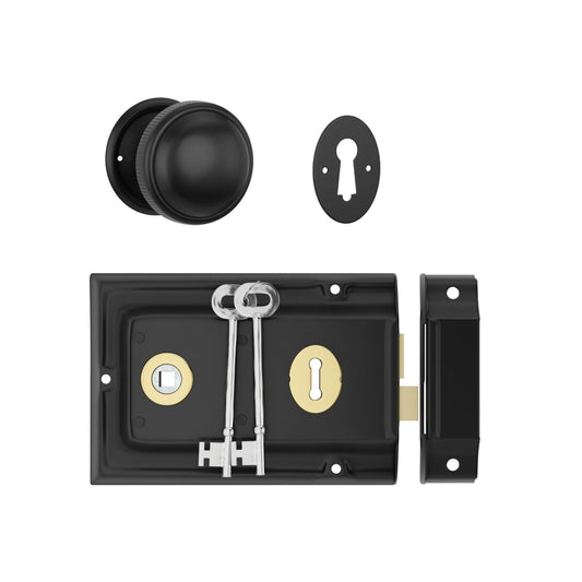 Tradco Door Knob Milled Edge Matt Black 45mm & Rim Lock MB/PB Set