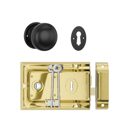 Tradco Door Knob Milled Edge Matt Black 45mm & Rim Lock PB Set