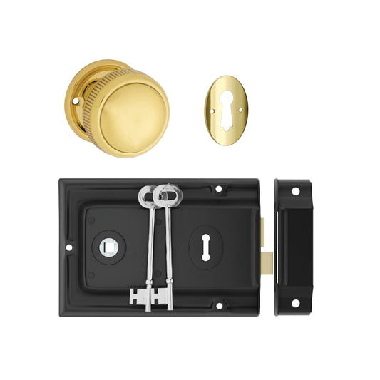 Tradco Door Knob Milled Edge Polished Brass 45mm & Rim Lock MB Set