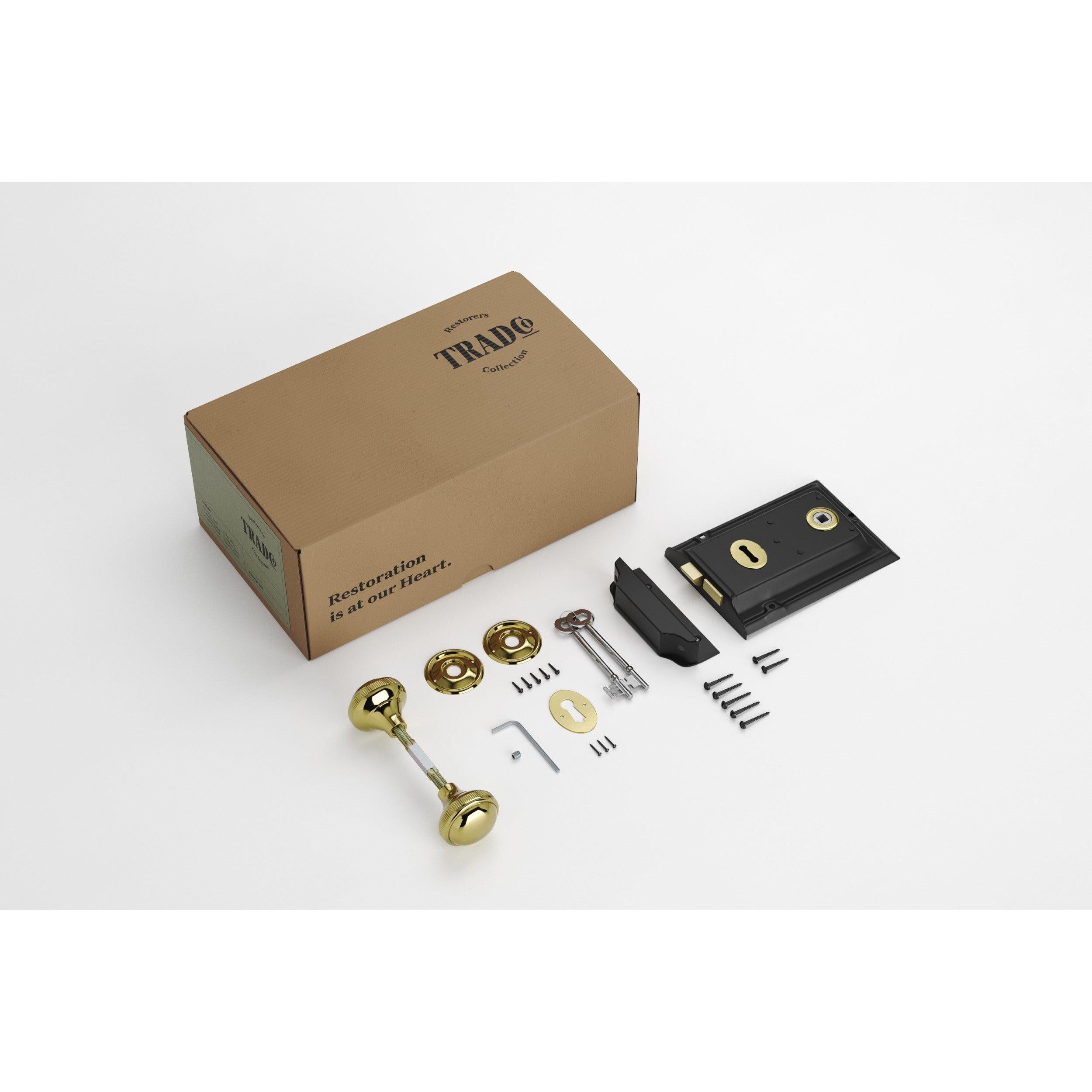 Tradco Door Knob Milled Edge Polished Brass 45mm & Rim Lock MB/PB Set