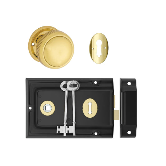 Tradco Door Knob Milled Edge Polished Brass 45mm & Rim Lock MB/PB Set