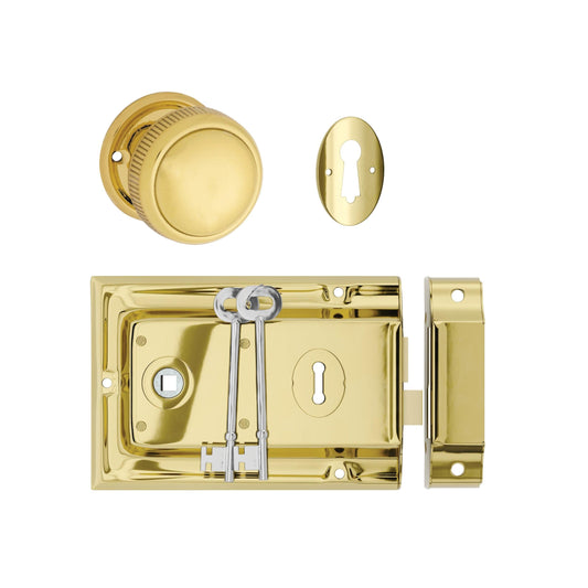 Tradco Door Knob Milled Edge Polished Brass 45mm & Rim Lock PB Set