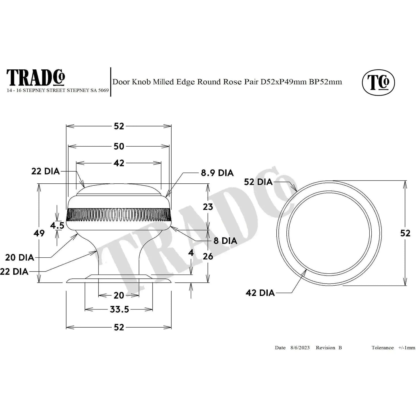 Tradco Door Knob Mortice Milled Edge Large Pair Matt Black