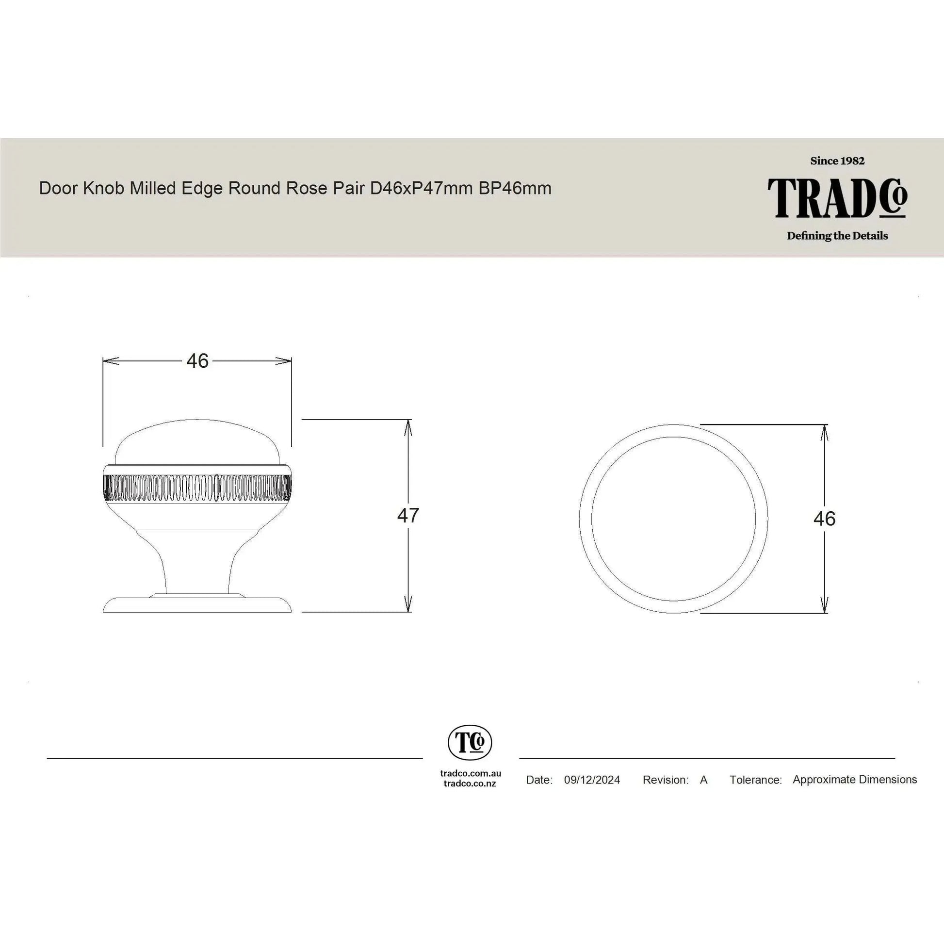 Tradco Door Knob Mortice Milled Edge Small Pair Chrome Plated