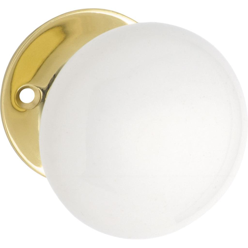Tradco Door Knob Mortice White Porcelain Pair Polished Brass