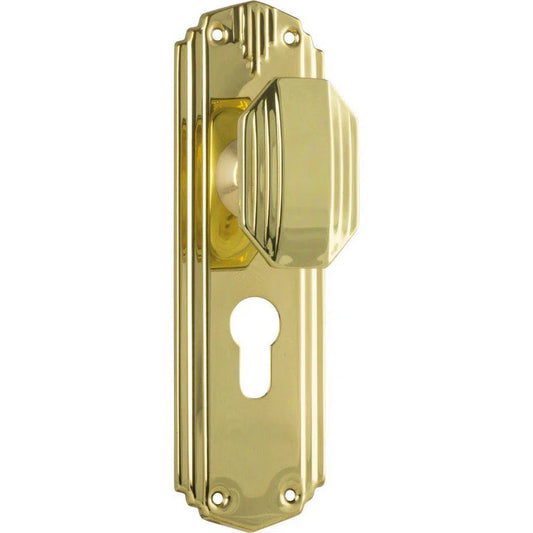 Tradco Door Knob Napier Art Deco Euro Pair Polished Brass