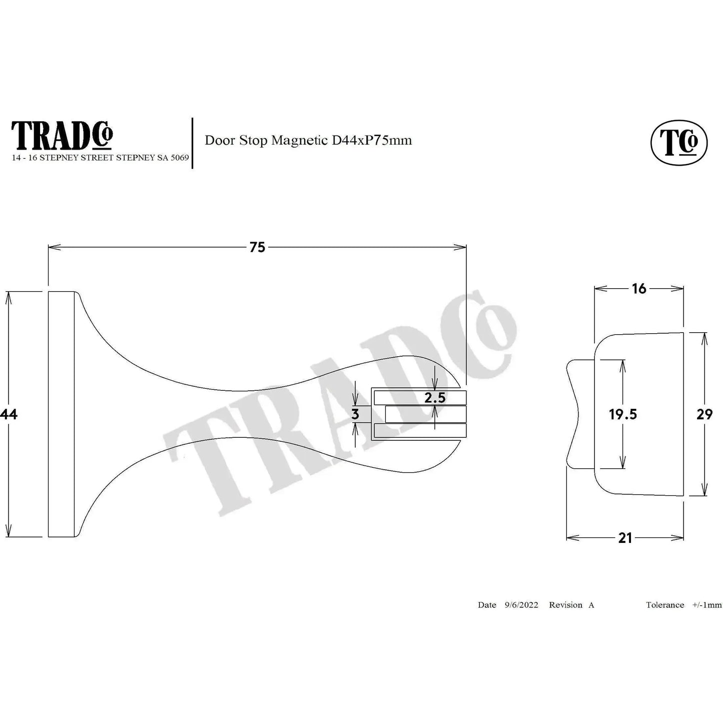 Tradco Door Stop Magnetic Satin Chrome D44xP93mm