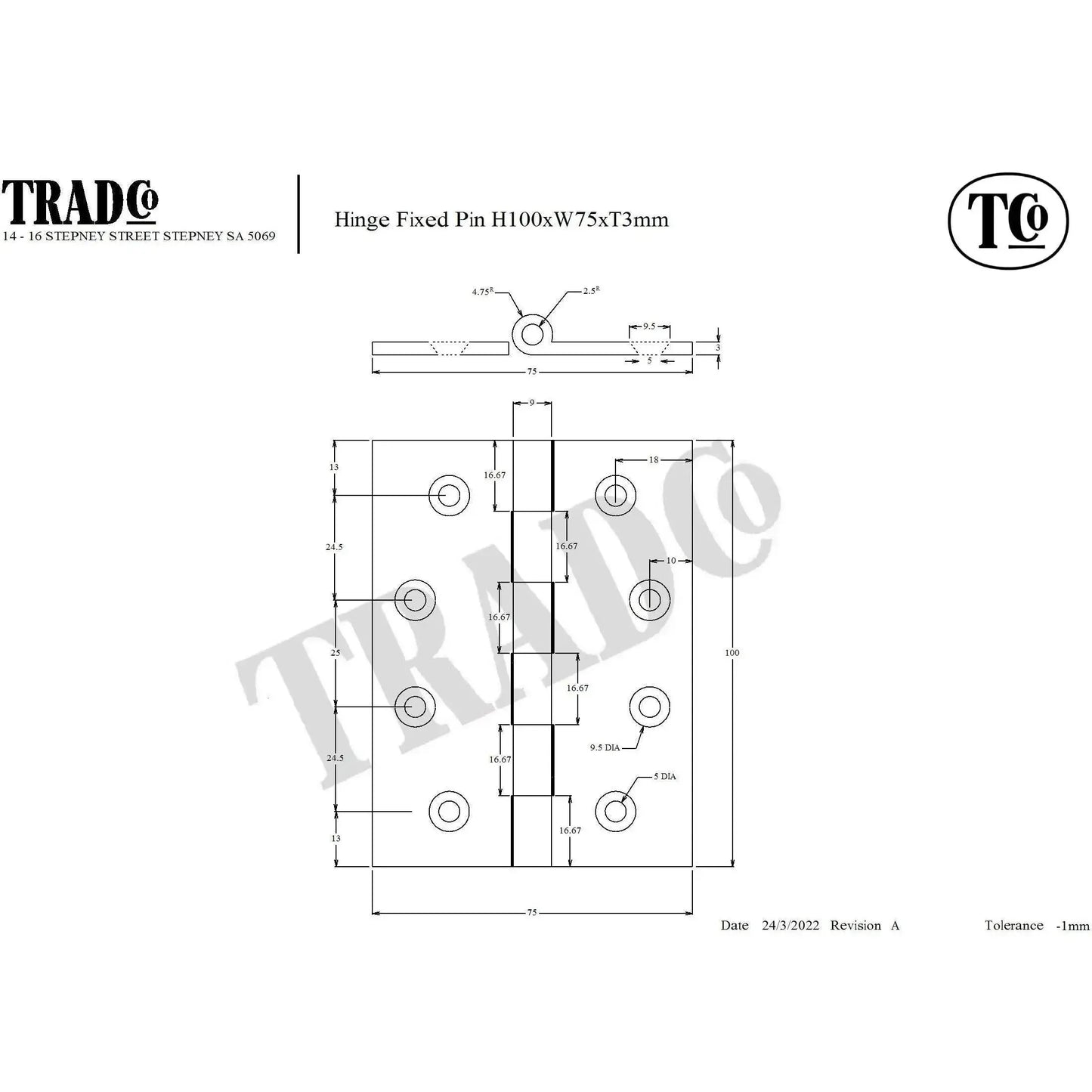 Tradco Hinge Fixed Pin Cast Iron Matt Black W75mm