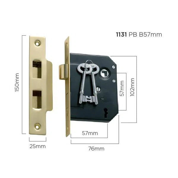 Tradco Mortice Lock 3 Lever Polished Brass CTC57mm Backset 57mm