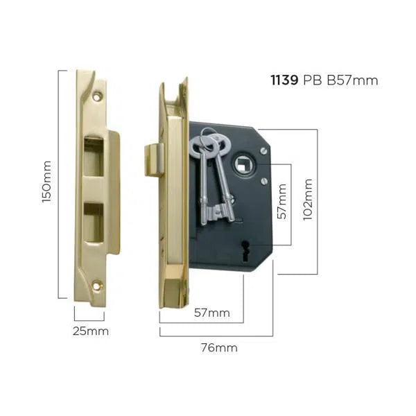 Tradco Mortice Lock 3 Lever Rebated Polished Brass CTC57mm Backset 57mm