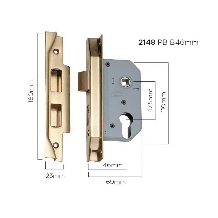 Tradco Mortice Lock Euro Rebated Polished Brass CTC47.5mm Backset 46mm