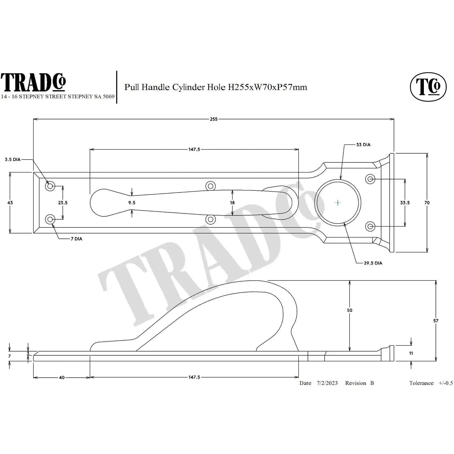 Tradco Pull Handle Cylinder Hole Antique Brass H255xW70xP57mm