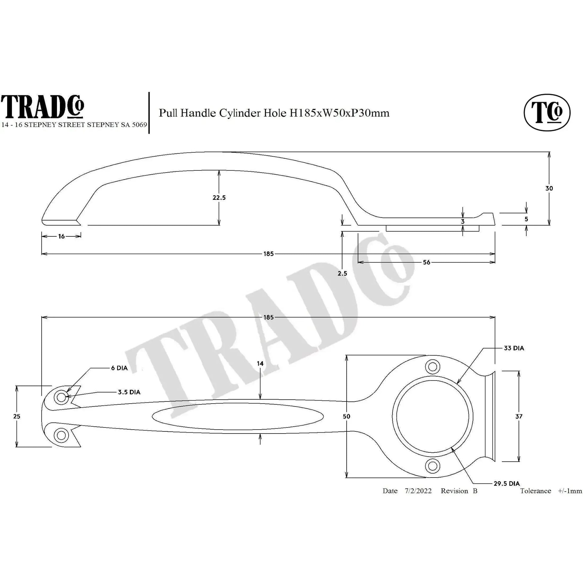 Tradco Pull Handle Cylinder Hole Satin Chrome H185xW50xP28mm