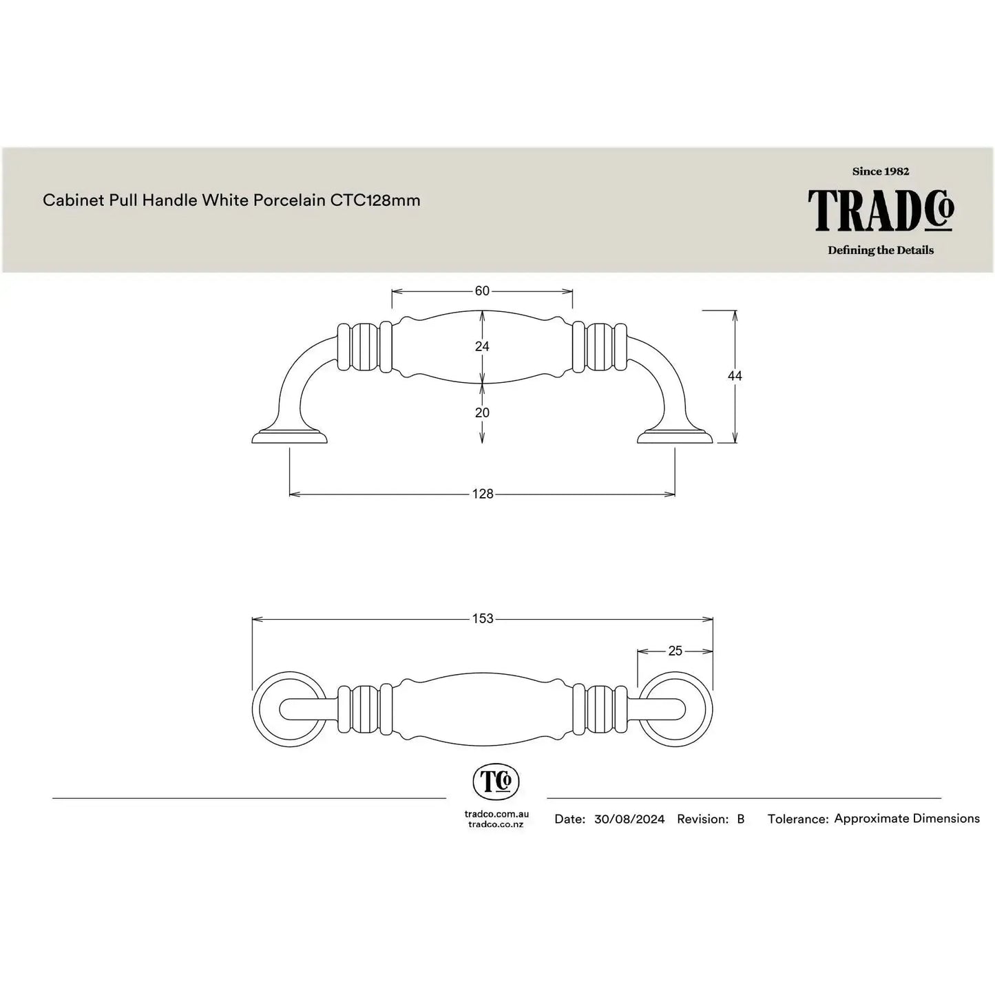Tradco Pull Handle White Porcelain Chrome Plated CTC128mm