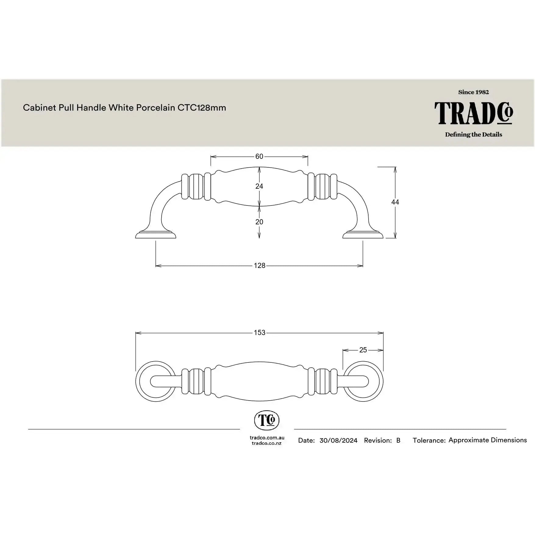Tradco Pull Handle White Porcelain Chrome Plated CTC128mm