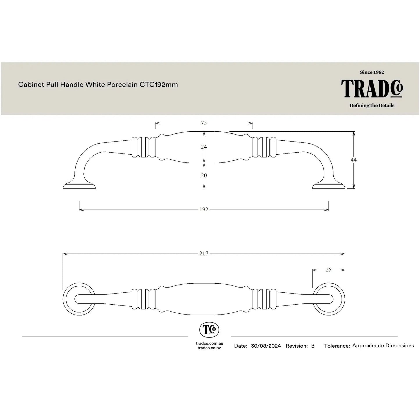 Tradco Pull Handle White Porcelain Chrome Plated CTC192mm