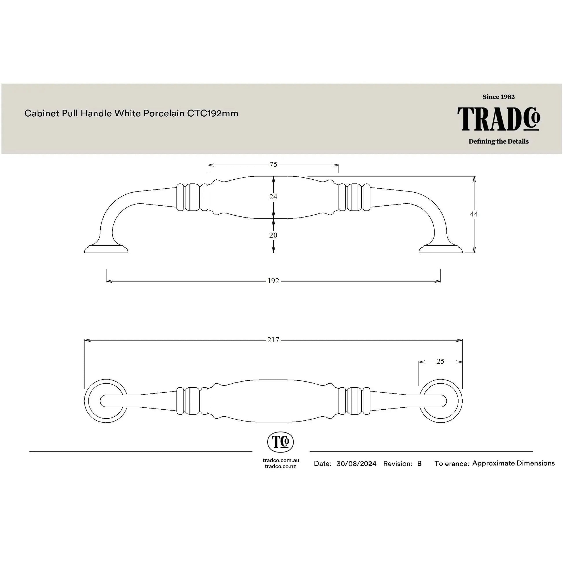 Tradco Pull Handle White Porcelain Chrome Plated CTC192mm