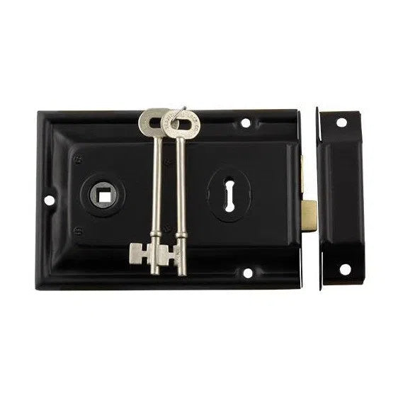 Tradco Rim Lock Black Trim Matt Black H105xW155mm Backset 112mm