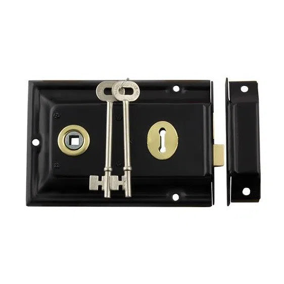 Tradco Rim Lock Brass Trim Matt Black H105xW155mm Backset 112mm