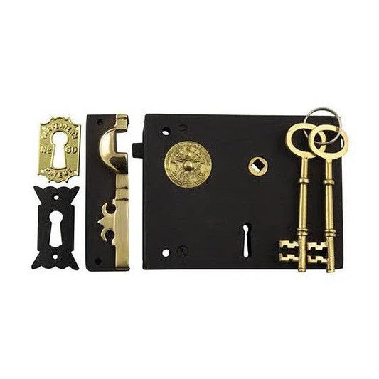 Tradco Rim Lock Carpenters Right Hand Antique Finish H120xW150mm Backset 93mm