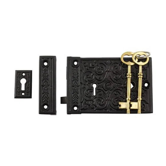 Tradco Rim Lock Ornate Matt Black H90xW130mm Backset 100mm