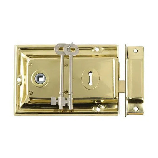 Tradco Rim Lock Polished Brass H105xW155mm Backset 112mm