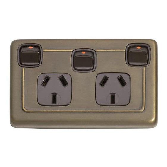 Tradco Socket Flat Plate Rocker Double With Switch Brown Antique Brass