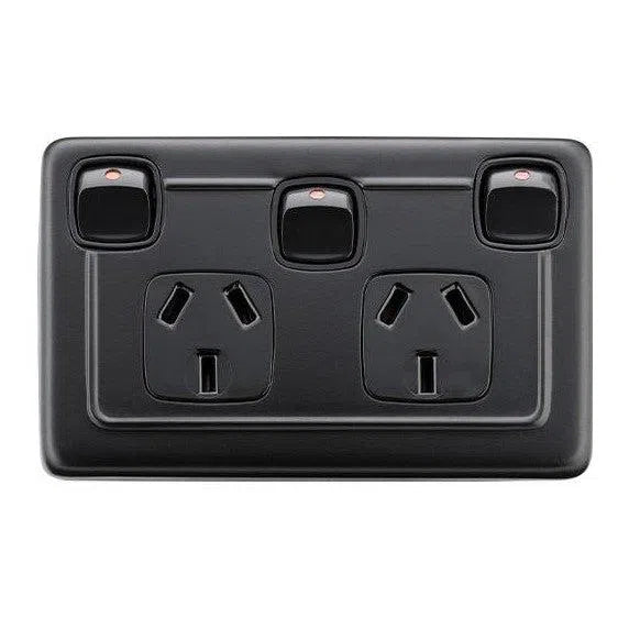 Tradco Socket Flat Plate Rocker Double With Switch Matt Black