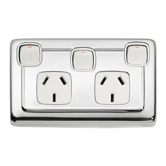 Tradco Socket Flat Plate Rocker Double With Switch White Chrome Plated