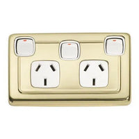Tradco Socket Flat Plate Rocker Double With Switch White Polished Brass