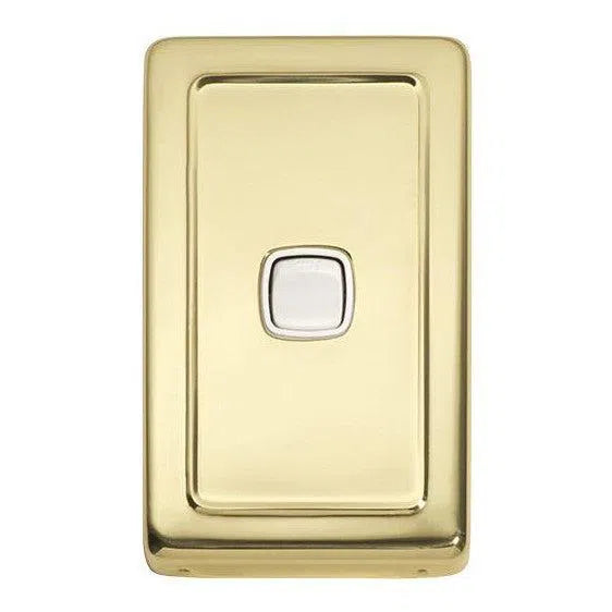 Tradco Switch Flat Plate Rocker 1 Gang White Polished Brass W72mm