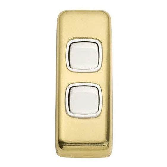 Tradco Switch Flat Plate Rocker 2 Gang White Polished Brass W30mm