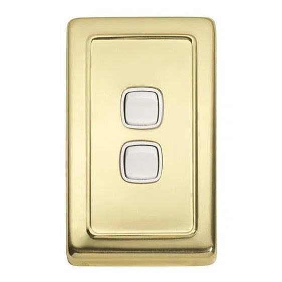 Tradco Switch Flat Plate Rocker 2 Gang White Polished Brass W72mm