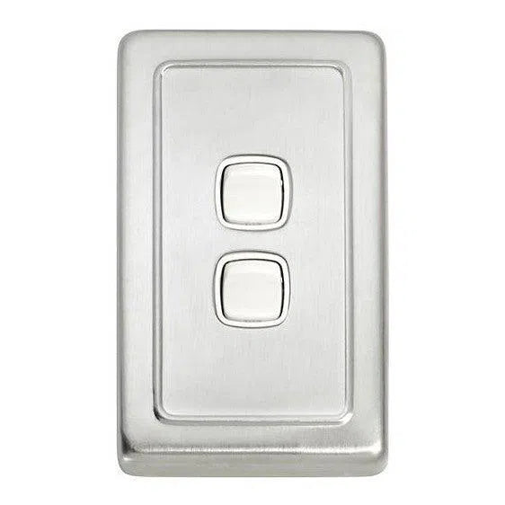 Tradco Switch Flat Plate Rocker 2 Gang White Satin Chrome W72mm